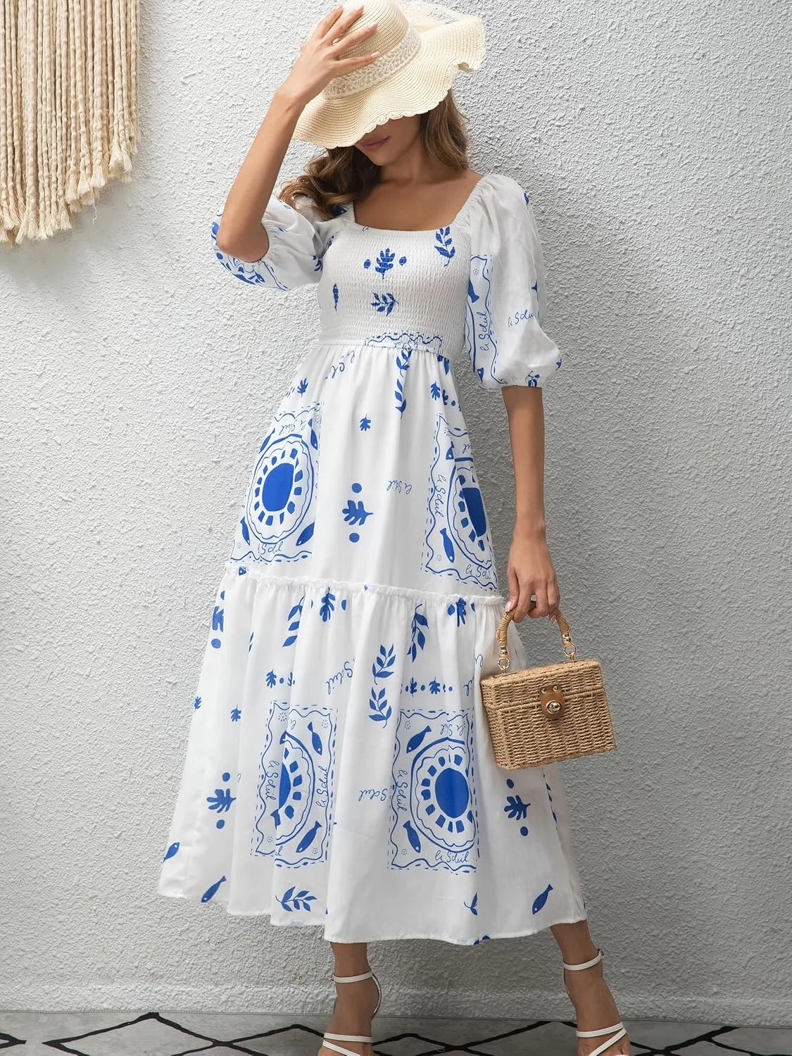 Women’s Flower Print Floral Maxi Dress Puff Short Sleeve Square Neck Tiered Flowy 2025 Spring Summer Smocked Dresses