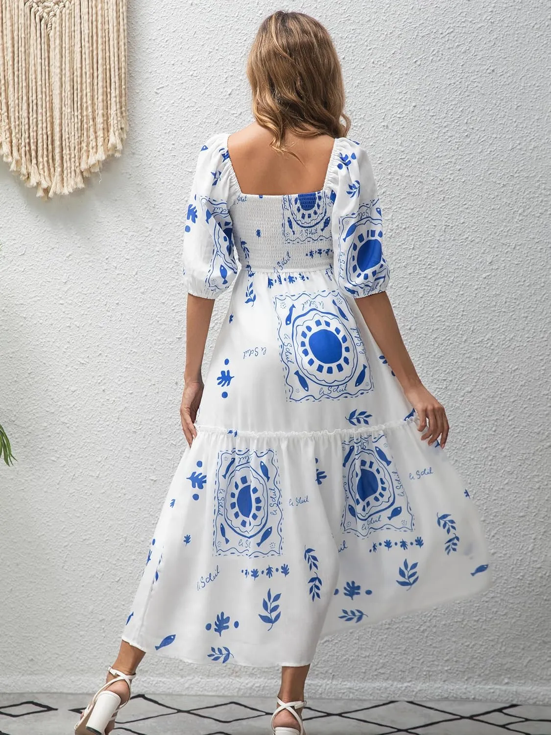 Women’s Flower Print Floral Maxi Dress Puff Short Sleeve Square Neck Tiered Flowy 2025 Spring Summer Smocked Dresses