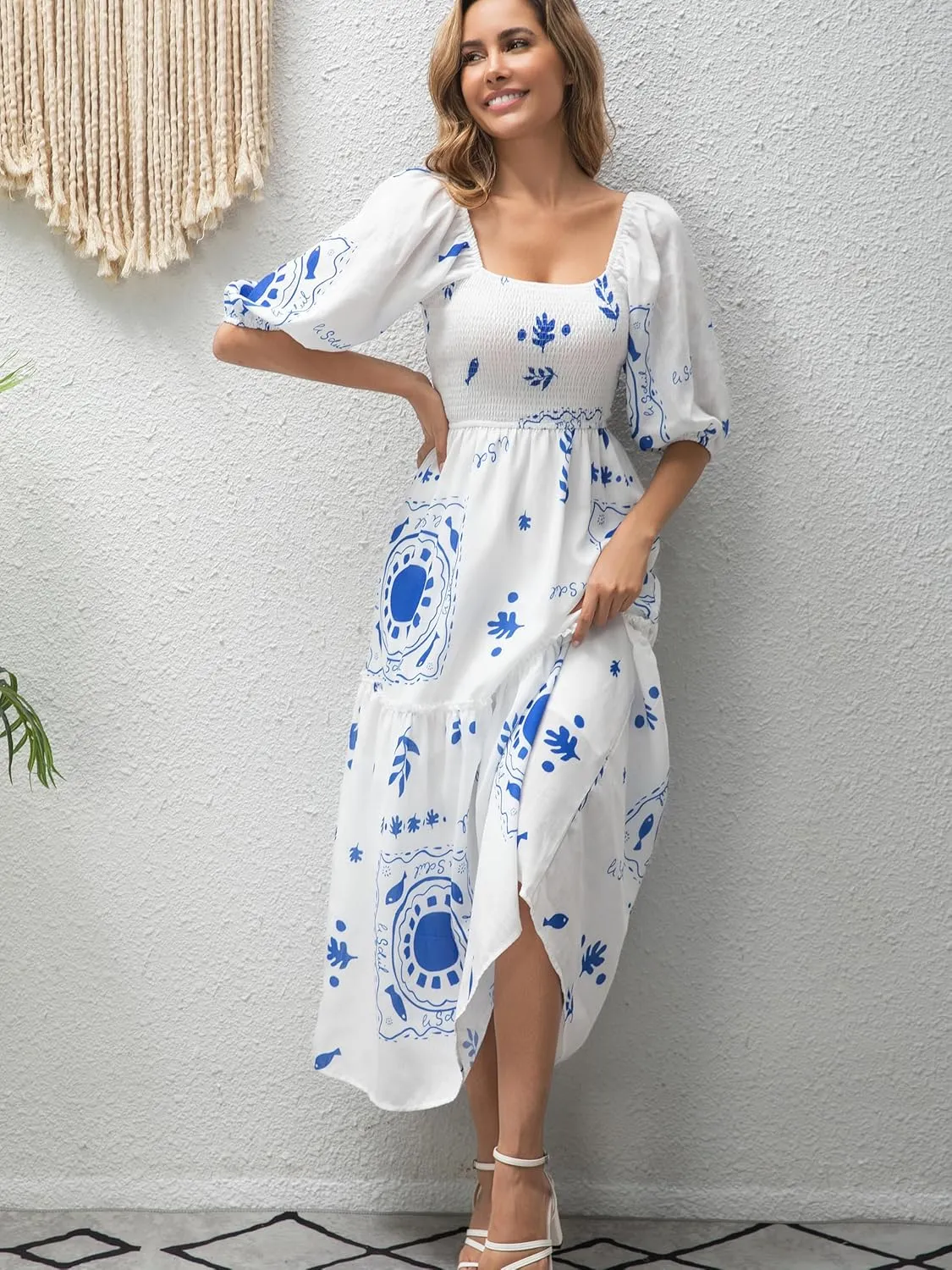 Women’s Flower Print Floral Maxi Dress Puff Short Sleeve Square Neck Tiered Flowy 2025 Spring Summer Smocked Dresses