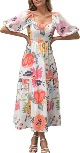 Women’s Flower Print Floral Maxi Dress Puff Short Sleeve Square Neck Tiered Flowy 2025 Spring Summer Smocked Dresses