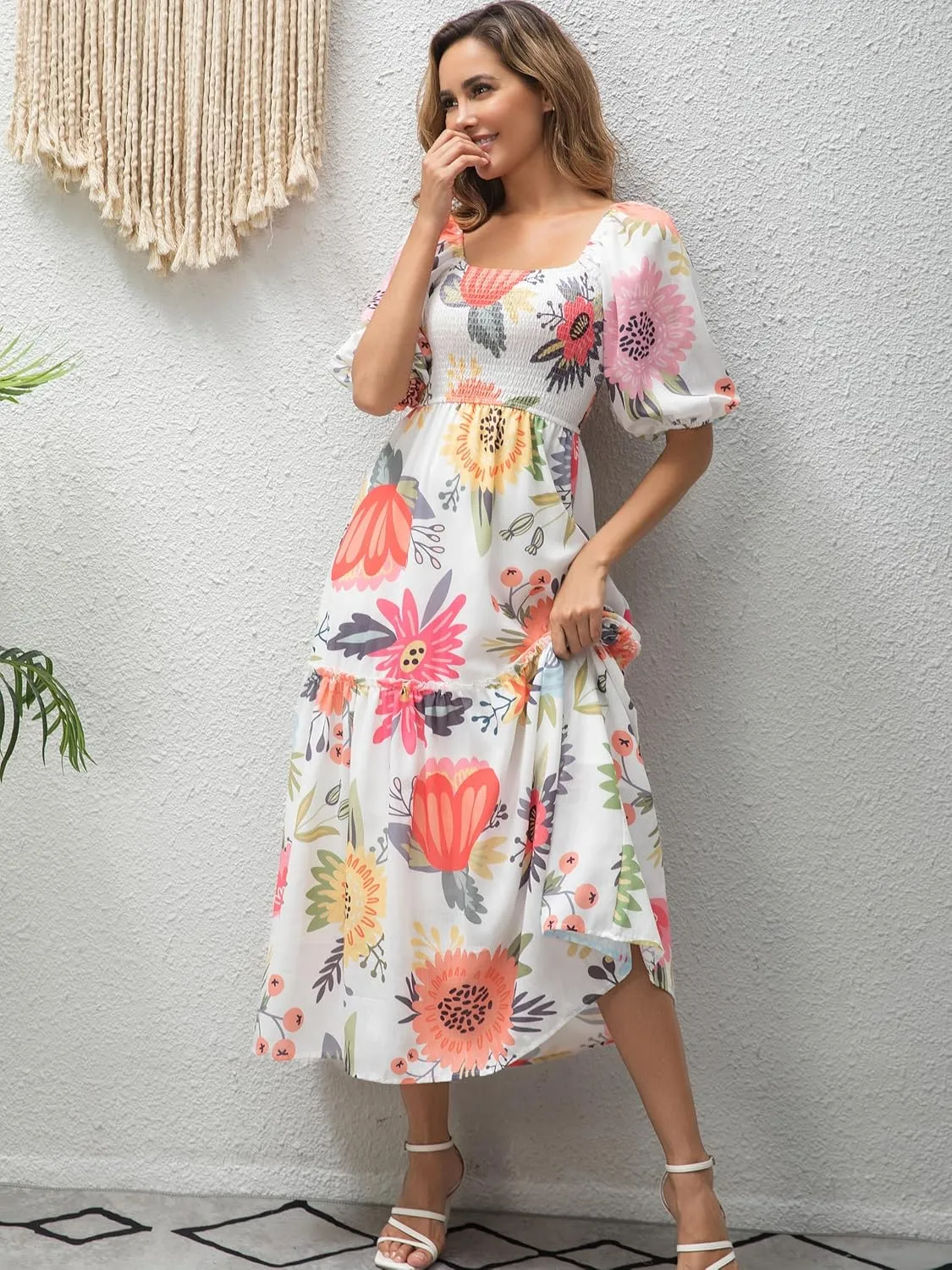 Women’s Flower Print Floral Maxi Dress Puff Short Sleeve Square Neck Tiered Flowy 2025 Spring Summer Smocked Dresses