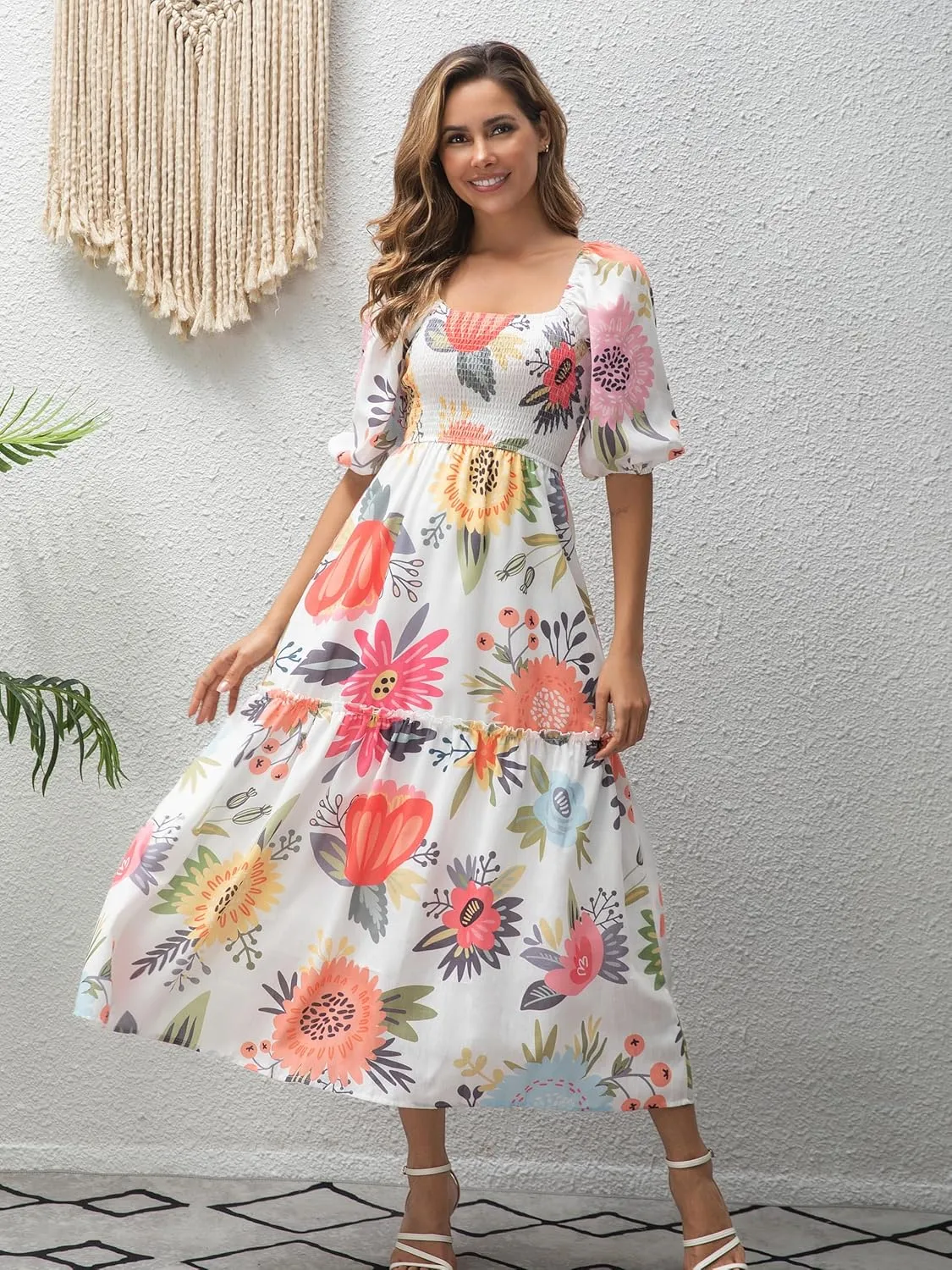Women’s Flower Print Floral Maxi Dress Puff Short Sleeve Square Neck Tiered Flowy 2025 Spring Summer Smocked Dresses