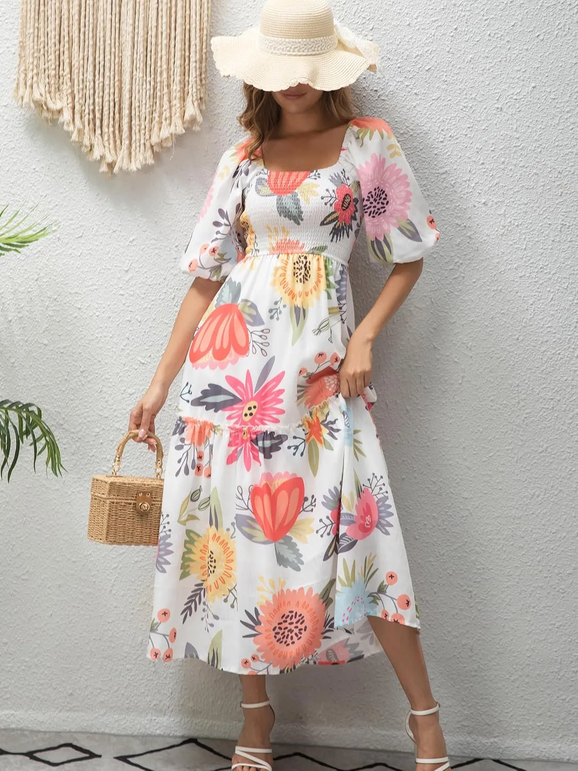 Women’s Flower Print Floral Maxi Dress Puff Short Sleeve Square Neck Tiered Flowy 2025 Spring Summer Smocked Dresses