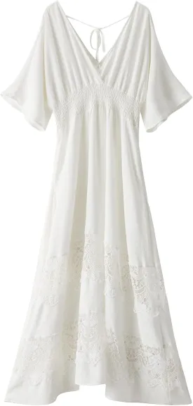 Women's Lace Maxi Dress Short Sleeve V Neck Party Dress Smocked Waist Boho Maxi Dress Bohemian Dress for Women