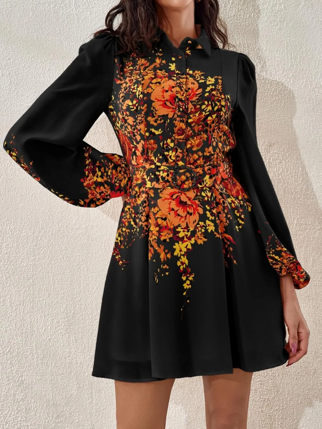 Women's Long Sleeve Summer Button Down A-Line Floral Print Cocktail Shirt Dresses with Belt for Work Vocation