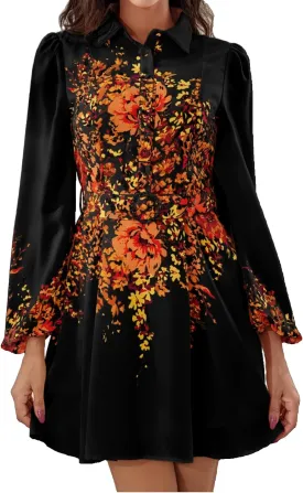 Women's Long Sleeve Summer Button Down A-Line Floral Print Cocktail Shirt Dresses with Belt for Work Vocation