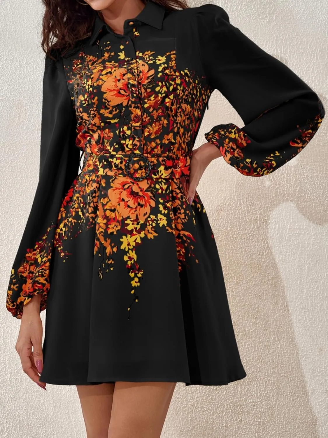 Women's Long Sleeve Summer Button Down A-Line Floral Print Cocktail Shirt Dresses with Belt for Work Vocation
