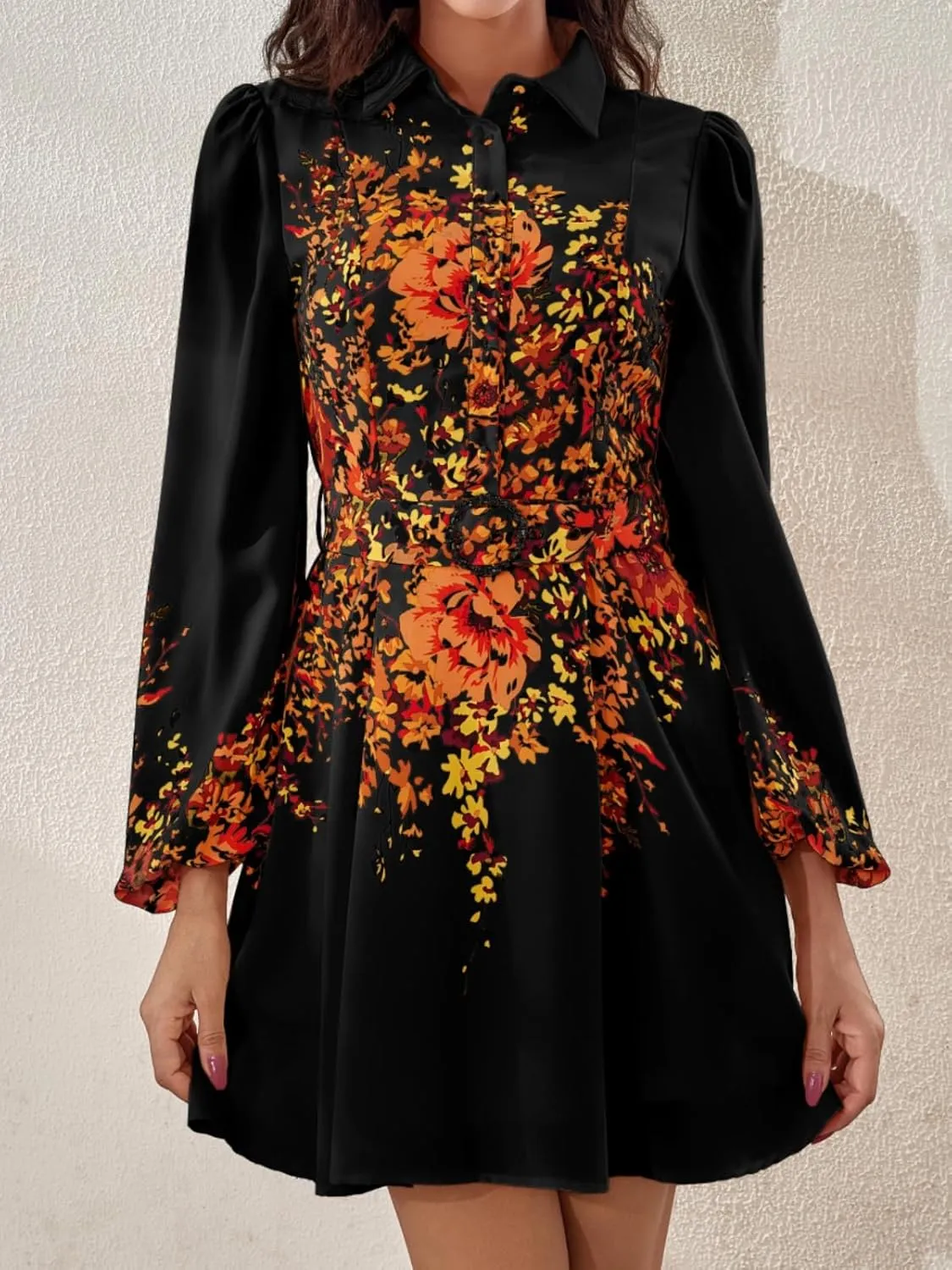 Women's Long Sleeve Summer Button Down A-Line Floral Print Cocktail Shirt Dresses with Belt for Work Vocation