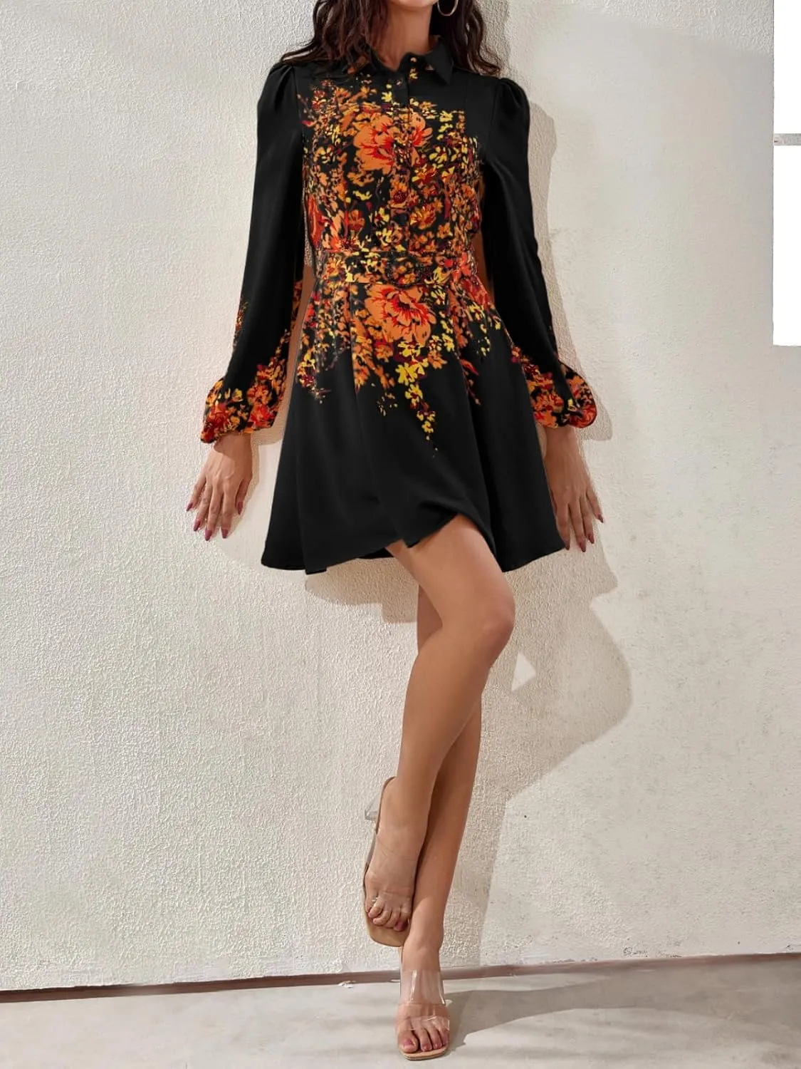 Women's Long Sleeve Summer Button Down A-Line Floral Print Cocktail Shirt Dresses with Belt for Work Vocation
