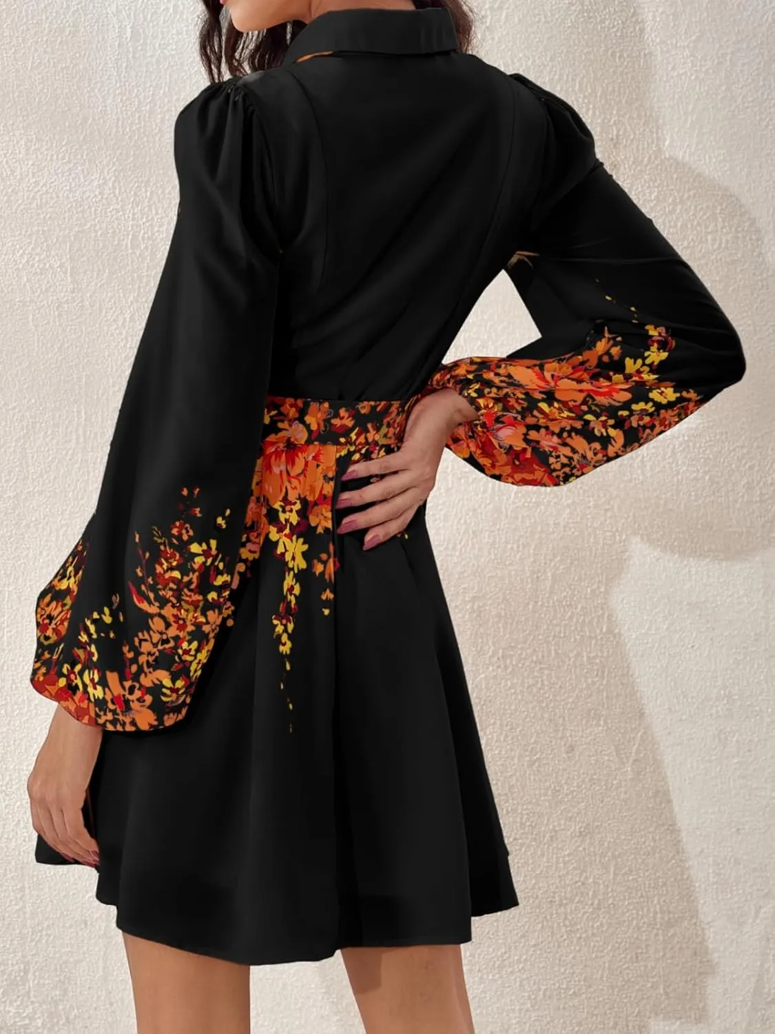 Women's Long Sleeve Summer Button Down A-Line Floral Print Cocktail Shirt Dresses with Belt for Work Vocation