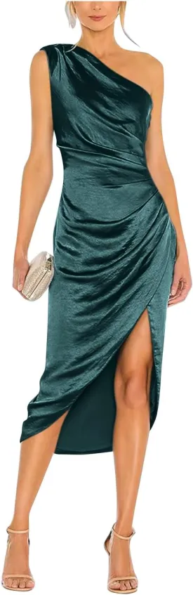 Women's Satin Formal Evening Dresses One Shoulder Wedding Guest Dress Ruched Midi Cocktail Gown with Slit RDX-FE1007