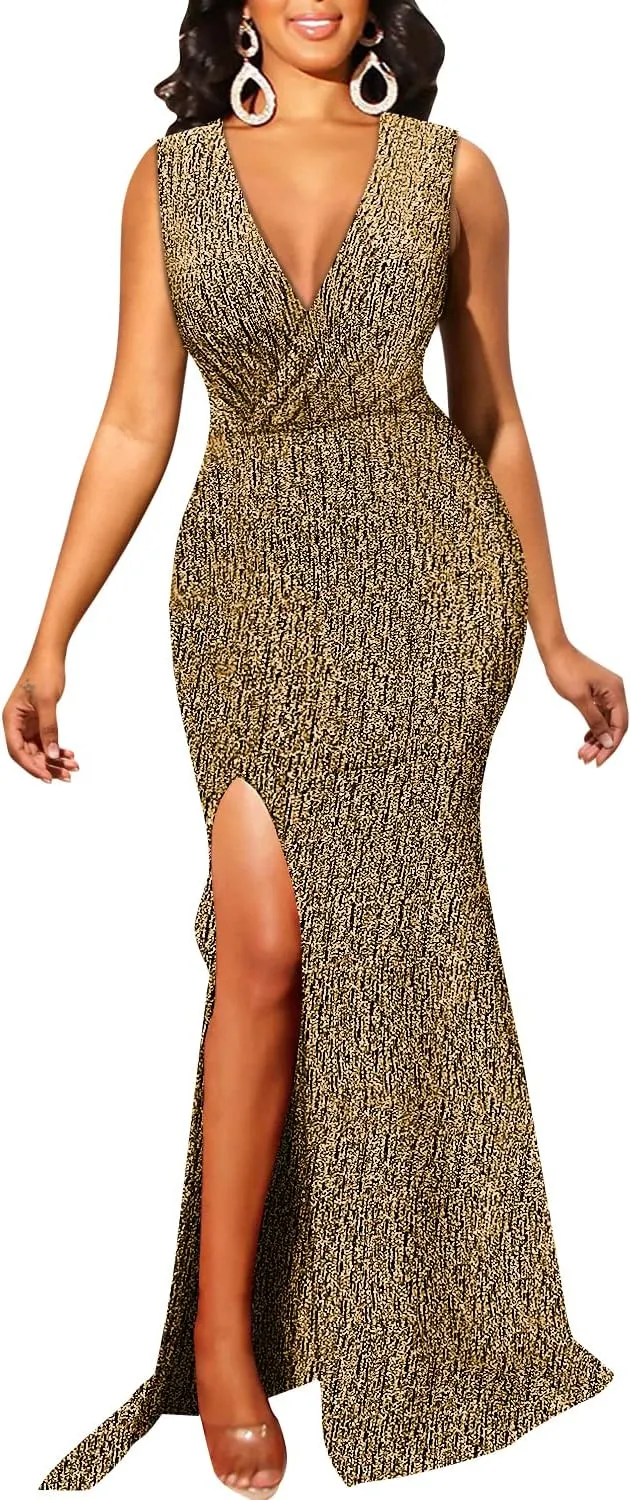 Women's Sexy Long Sleeve Sparkly Maxi Dress V Neck High Slit Wrap Formal Gown Cocktail Glitter Maxi Long Dresses