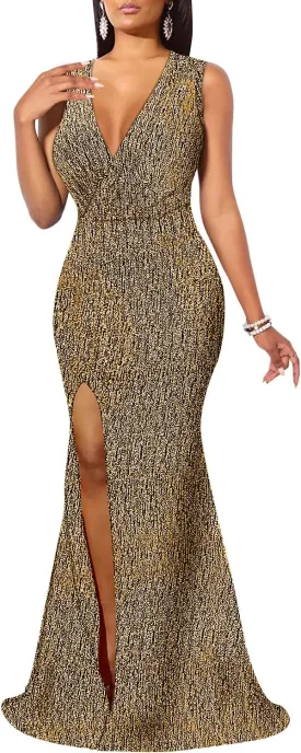 Women's Sexy Long Sleeve Sparkly Maxi Dress V Neck High Slit Wrap Formal Gown Cocktail Glitter Maxi Long Dresses