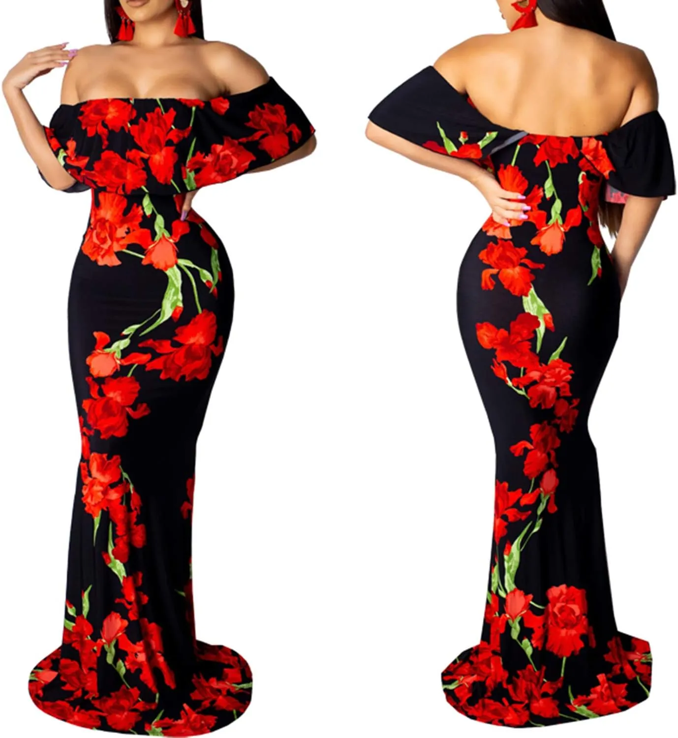 Women's Sexy Summer Off Shoulder Maxi Dress Floral Ruffle Evening Party Long Dress