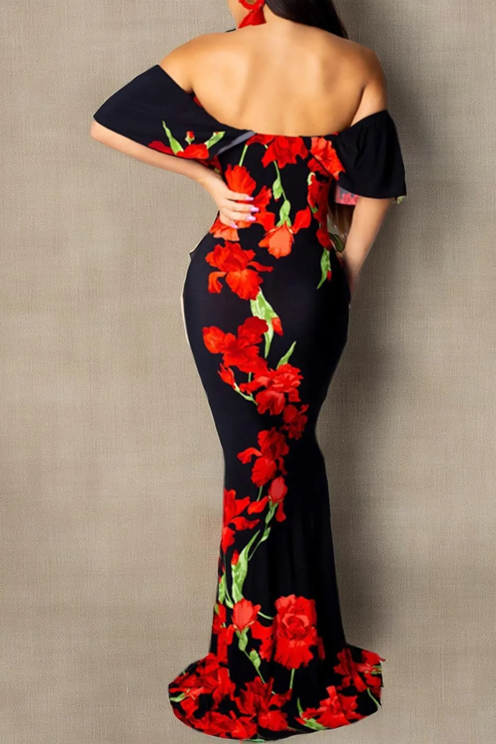Women's Sexy Summer Off Shoulder Maxi Dress Floral Ruffle Evening Party Long Dress