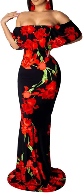 Women's Sexy Summer Off Shoulder Maxi Dress Floral Ruffle Evening Party Long Dress