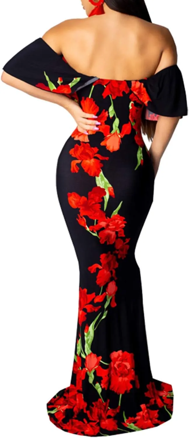 Women's Sexy Summer Off Shoulder Maxi Dress Floral Ruffle Evening Party Long Dress