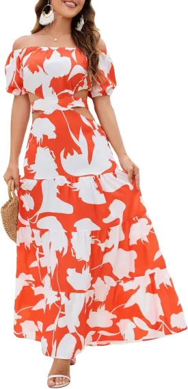 Women's Summer Boho Maxi Dress Off Shoulder Puff Sleeve Cutout Tiered Tie Back Casual Party Long Flowy Dresses