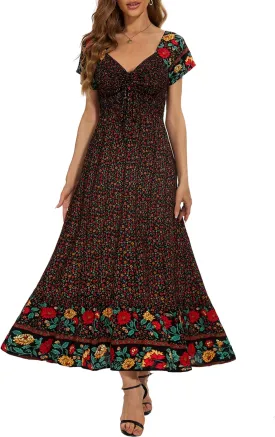 Women's Summer Casual Short Sleeve V Neck Smocked Elastic Waist Tiered Boho Floral Flowy Maxi Dress
