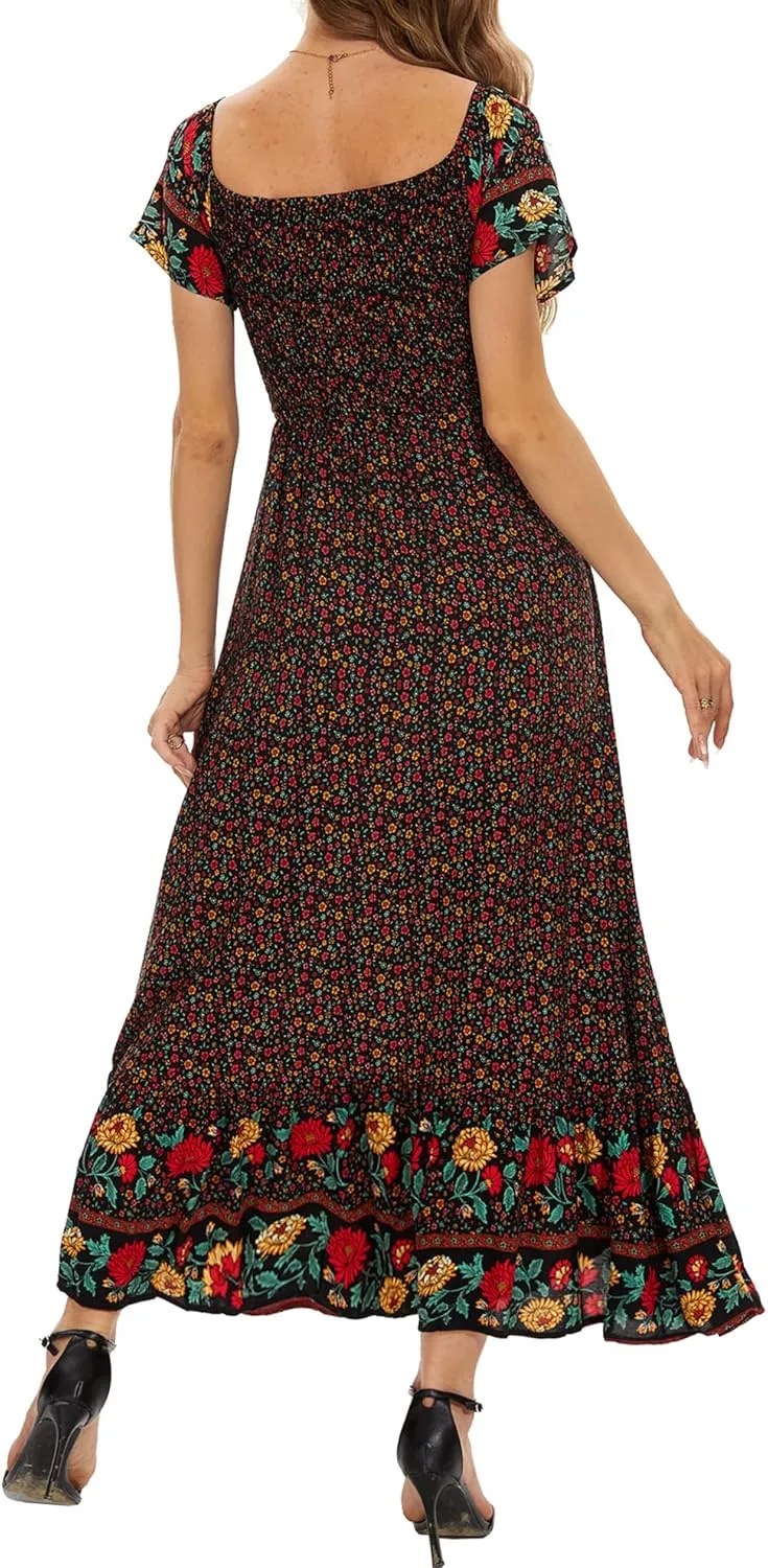 Women's Summer Casual Short Sleeve V Neck Smocked Elastic Waist Tiered Boho Floral Flowy Maxi Dress