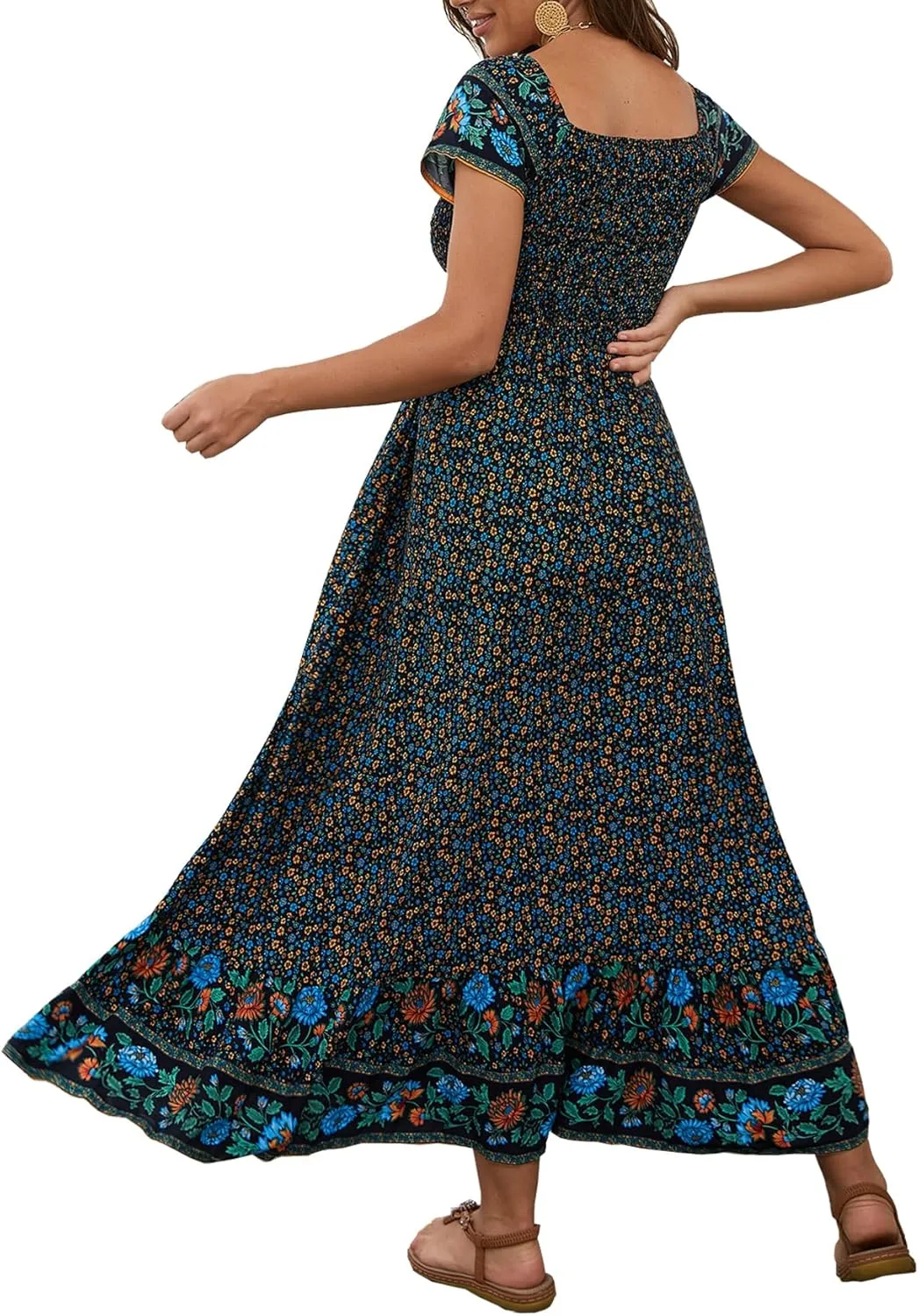 Women's Summer Casual Short Sleeve V Neck Smocked Elastic Waist Tiered Boho Floral Flowy Maxi Dress