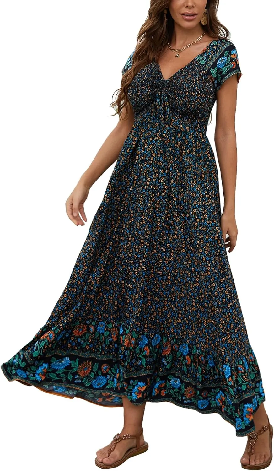Women's Summer Casual Short Sleeve V Neck Smocked Elastic Waist Tiered Boho Floral Flowy Maxi Dress