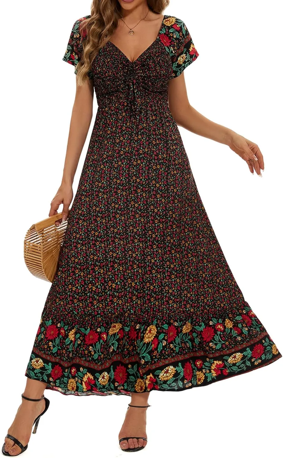 Women's Summer Casual Short Sleeve V Neck Smocked Elastic Waist Tiered Boho Floral Flowy Maxi Dress