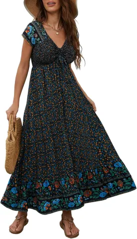 Women's Summer Casual Short Sleeve V Neck Smocked Elastic Waist Tiered Boho Floral Flowy Maxi Dress