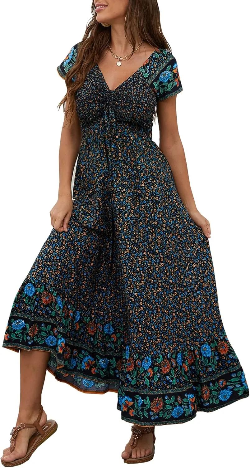 Women's Summer Casual Short Sleeve V Neck Smocked Elastic Waist Tiered Boho Floral Flowy Maxi Dress