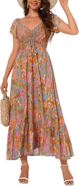 Women's Summer Casual Short Sleeve V Neck Smocked Elastic Waist Tiered Boho Floral Flowy Maxi Dress