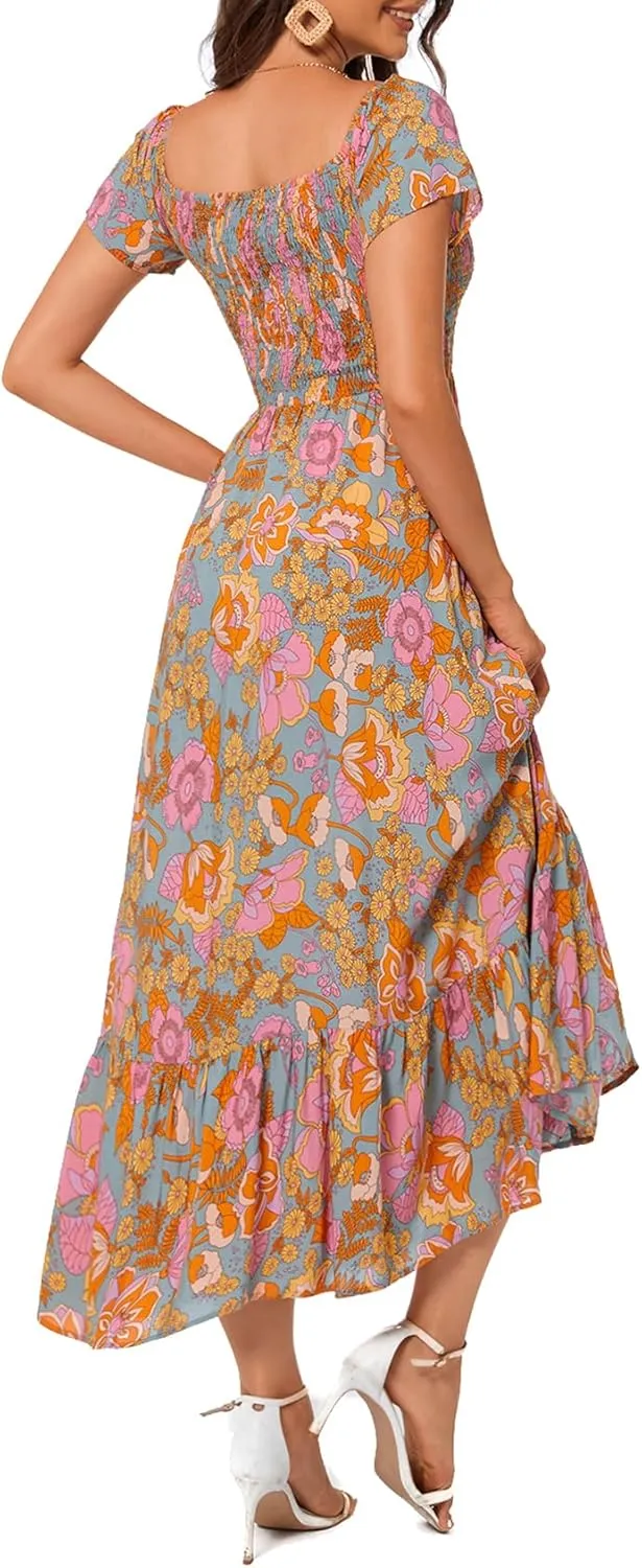 Women's Summer Casual Short Sleeve V Neck Smocked Elastic Waist Tiered Boho Floral Flowy Maxi Dress