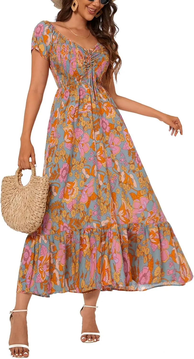 Women's Summer Casual Short Sleeve V Neck Smocked Elastic Waist Tiered Boho Floral Flowy Maxi Dress