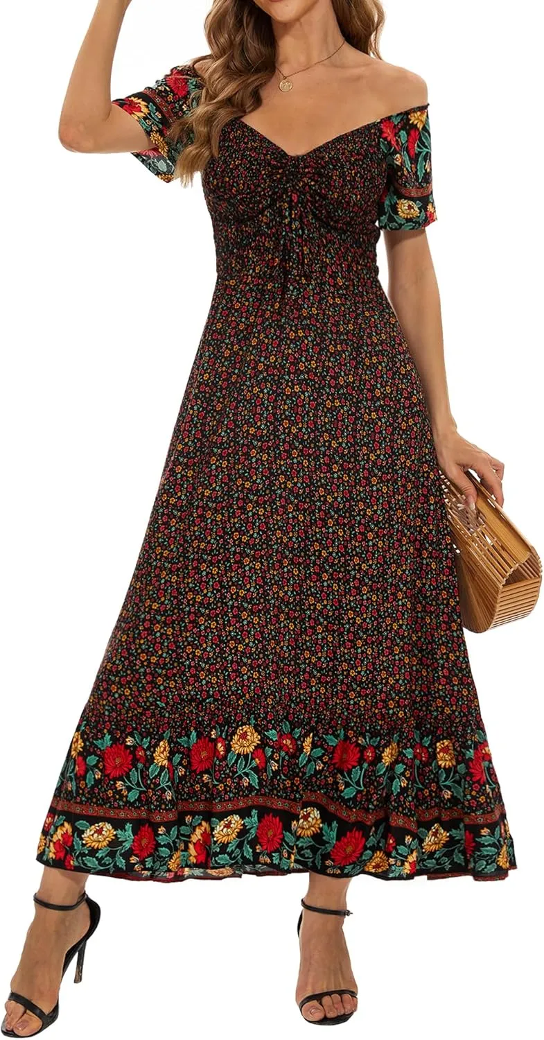 Women's Summer Casual Short Sleeve V Neck Smocked Elastic Waist Tiered Boho Floral Flowy Maxi Dress