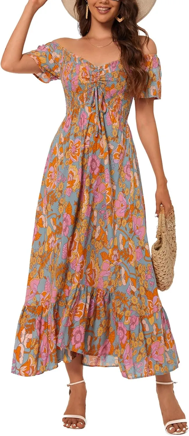 Women's Summer Casual Short Sleeve V Neck Smocked Elastic Waist Tiered Boho Floral Flowy Maxi Dress