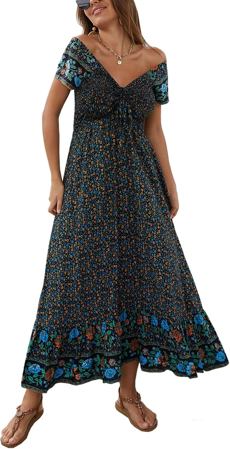 Women's Summer Casual Short Sleeve V Neck Smocked Elastic Waist Tiered Boho Floral Flowy Maxi Dress