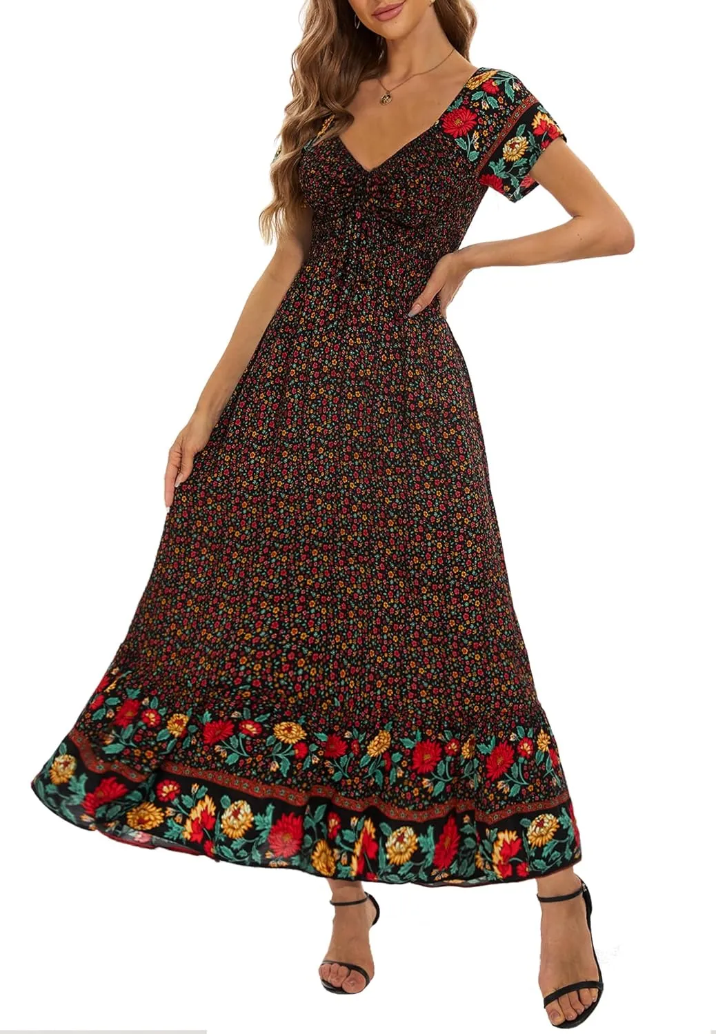 Women's Summer Casual Short Sleeve V Neck Smocked Elastic Waist Tiered Boho Floral Flowy Maxi Dress