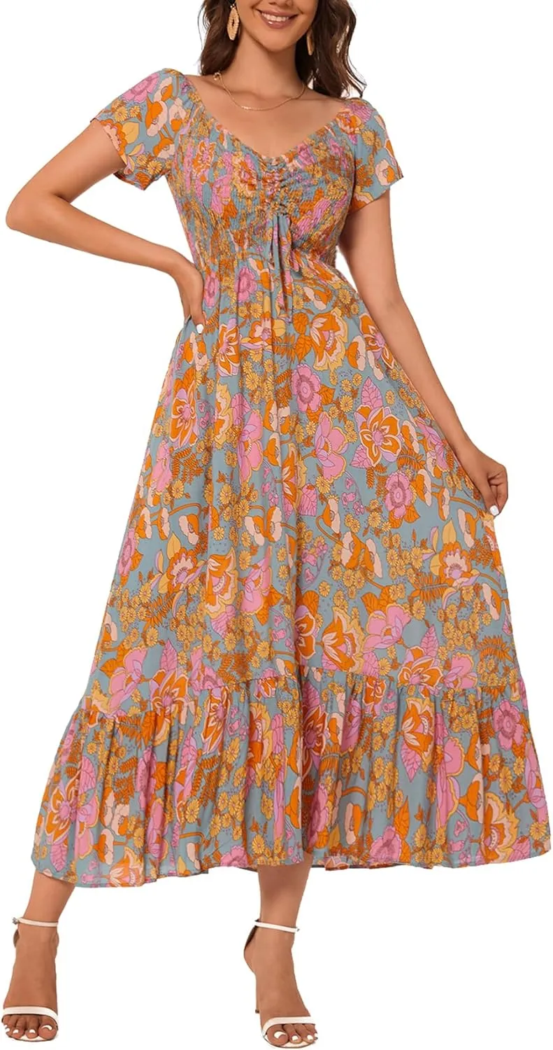 Women's Summer Casual Short Sleeve V Neck Smocked Elastic Waist Tiered Boho Floral Flowy Maxi Dress