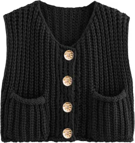Womens Summer Crop Knit Sweater Vest Sleeveless Button Down Chunky Knit Vest Cardigan with Pockets