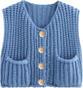 Womens Summer Crop Knit Sweater Vest Sleeveless Button Down Chunky Knit Vest Cardigan with Pockets