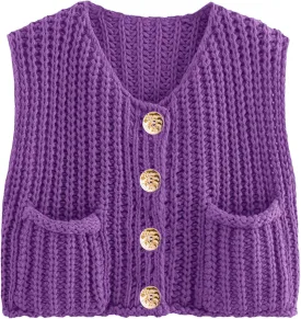 Womens Summer Crop Knit Sweater Vest Sleeveless Button Down Chunky Knit Vest Cardigan with Pockets