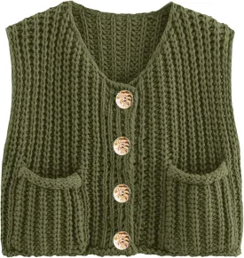 Womens Summer Crop Knit Sweater Vest Sleeveless Button Down Chunky Knit Vest Cardigan with Pockets