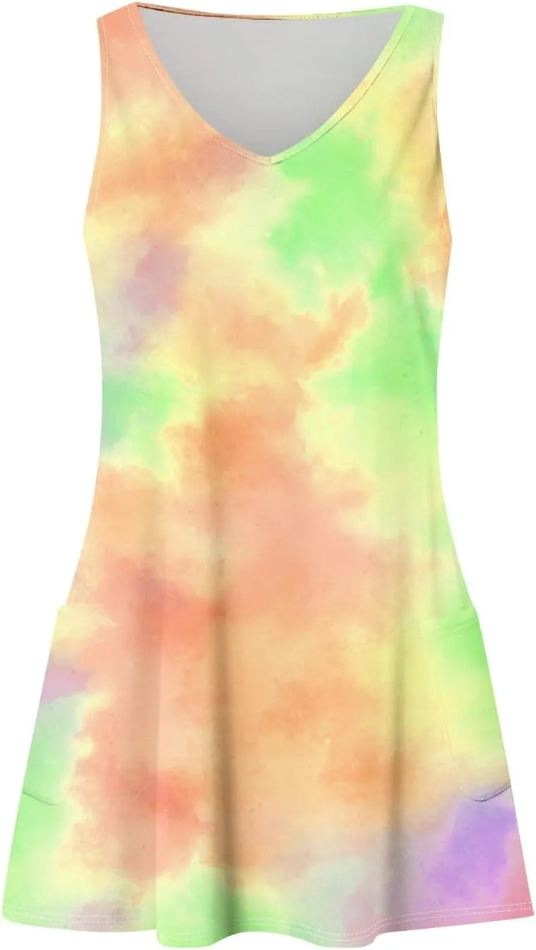 Womens Summer Dresses Printed Sleeveless Sundress Vacation Beach Dress with Pocket V Neck Casual Swimsuit Coverup