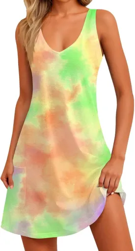 Womens Summer Dresses Printed Sleeveless Sundress Vacation Beach Dress with Pocket V Neck Casual Swimsuit Coverup