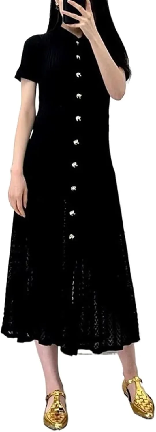 Women's Summer Maxi Dress Elegant Knitted Short Sleeve Pleated Hem Single Breasted Hollow Out Polo Neck Dresses