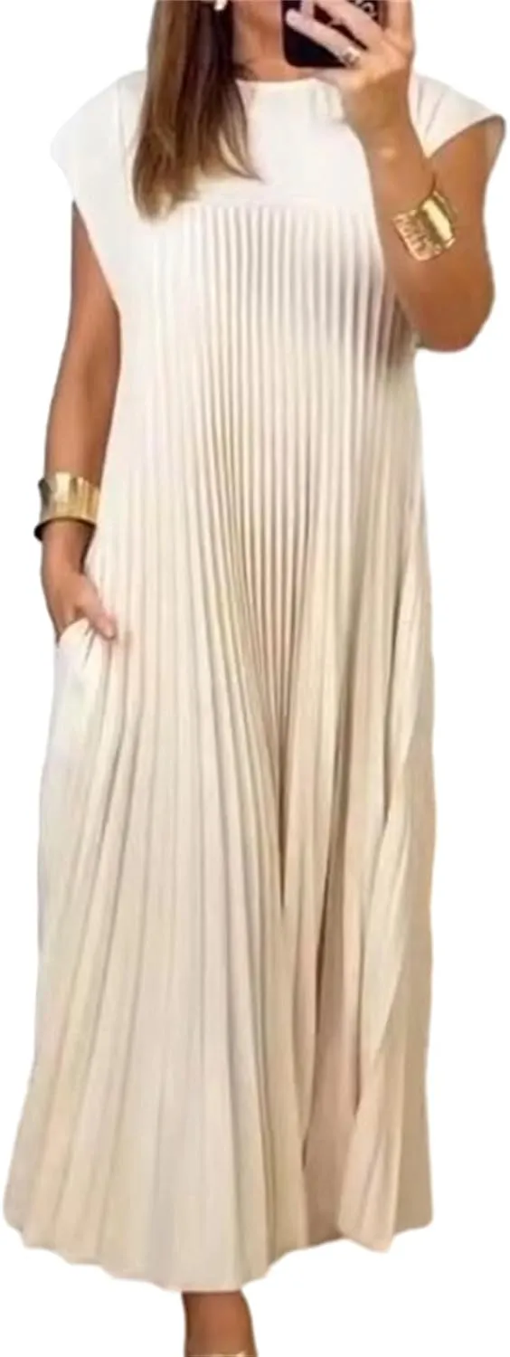 Women's Summer Pleated Maxi Dress 2024 Casual Cap Sleeve Loose Fit Flowy Long Dresses with Pockets