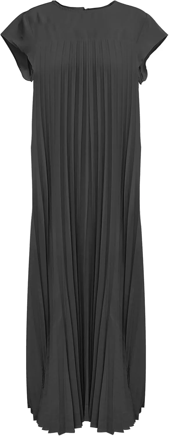 Women's Summer Pleated Maxi Dress 2024 Casual Cap Sleeve Loose Fit Flowy Long Dresses with Pockets