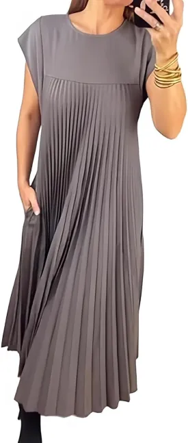 Women's Summer Pleated Maxi Dress 2024 Casual Cap Sleeve Loose Fit Flowy Long Dresses with Pockets