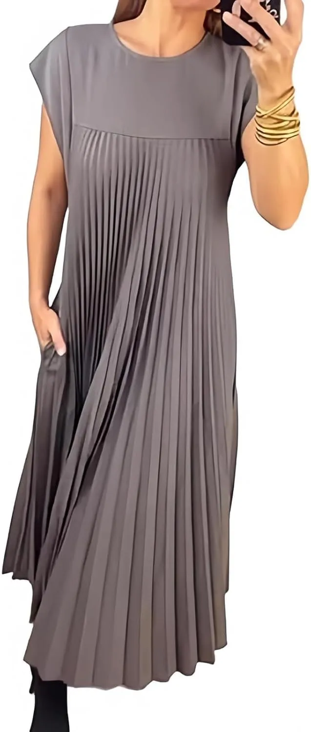 Women's Summer Pleated Maxi Dress 2024 Casual Cap Sleeve Loose Fit Flowy Long Dresses with Pockets