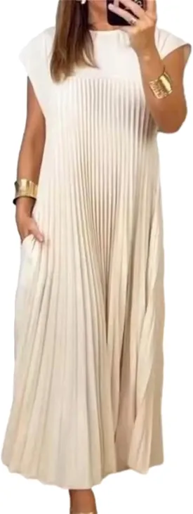 Women's Summer Pleated Maxi Dress 2024 Casual Cap Sleeve Loose Fit Flowy Long Dresses with Pockets