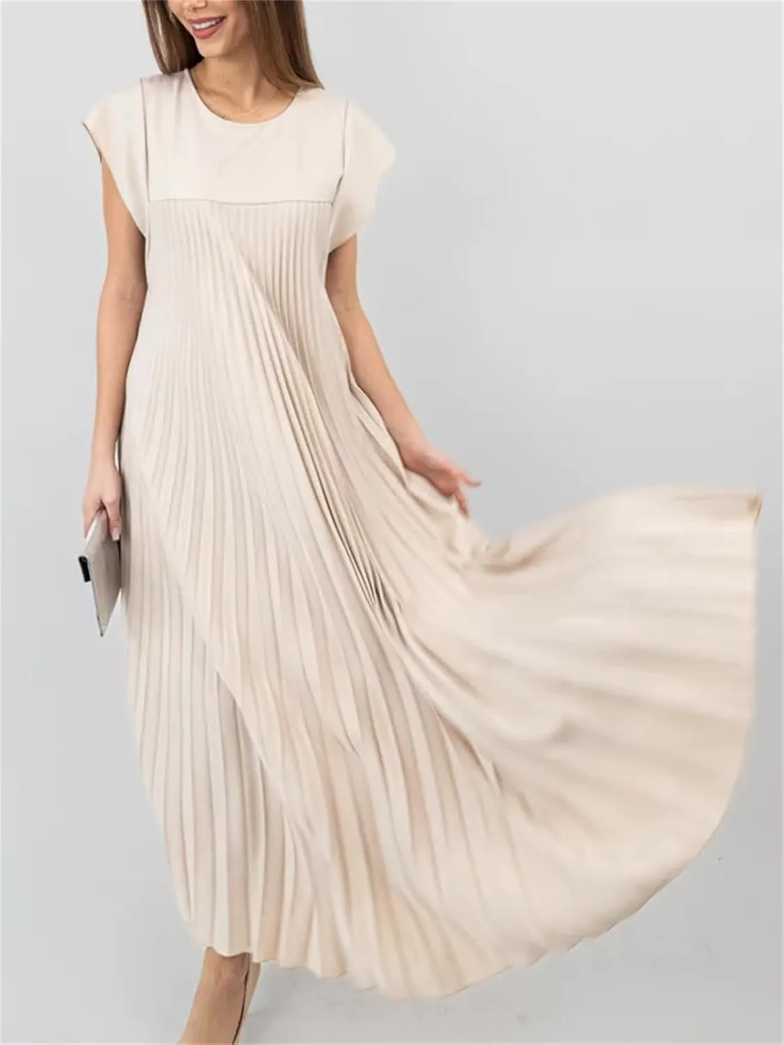 Women's Summer Pleated Maxi Dress 2024 Casual Cap Sleeve Loose Fit Flowy Long Dresses with Pockets